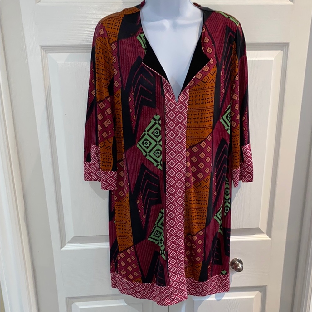 Diane Von Furstenberg Silk Shift Tunic Dress Multicolor Abstract Tribal Size 12